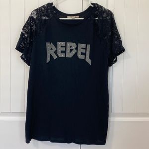 Size large black Rebel shirt with lace sleeve detailing